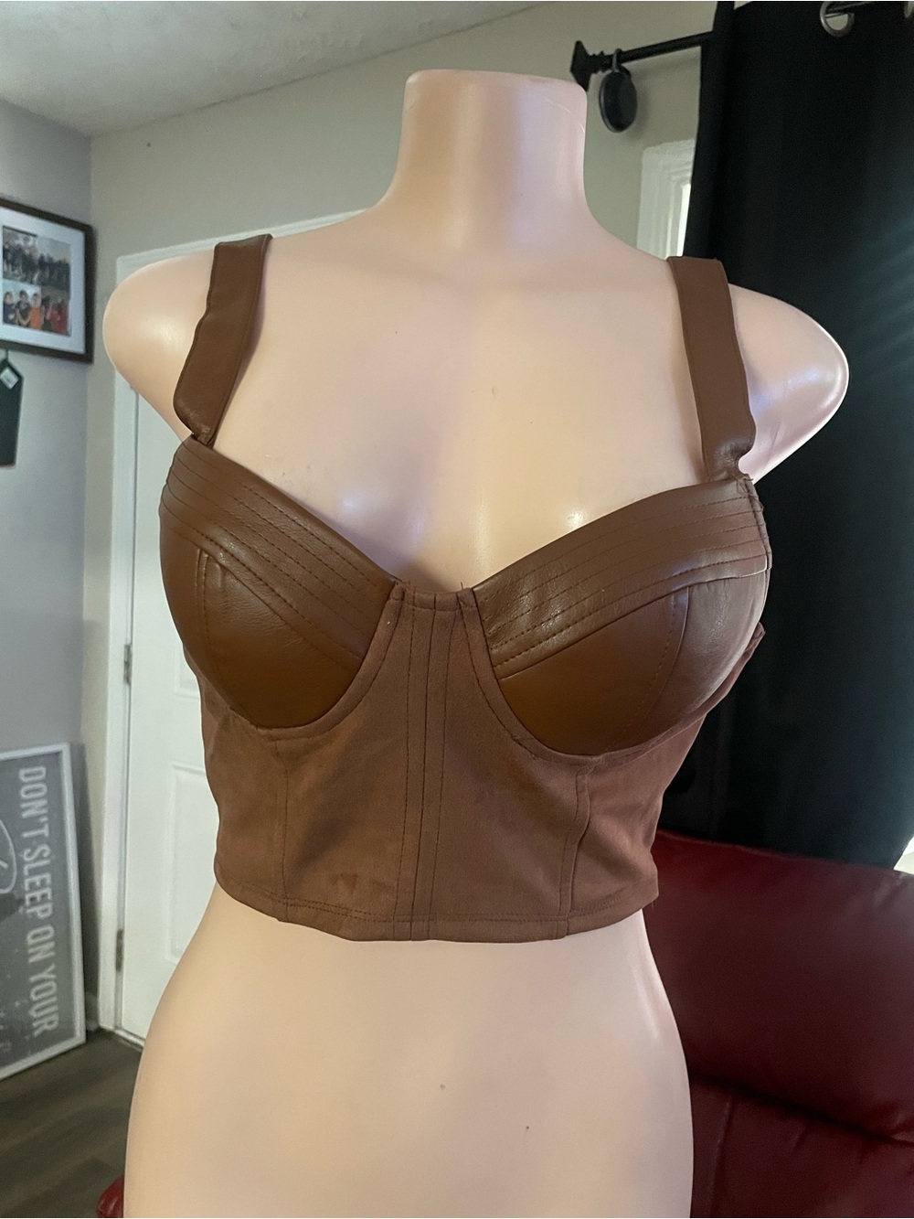 New Haute Monde Brown Faux Leather Structured Bustier Crop Top XS Pocahontas